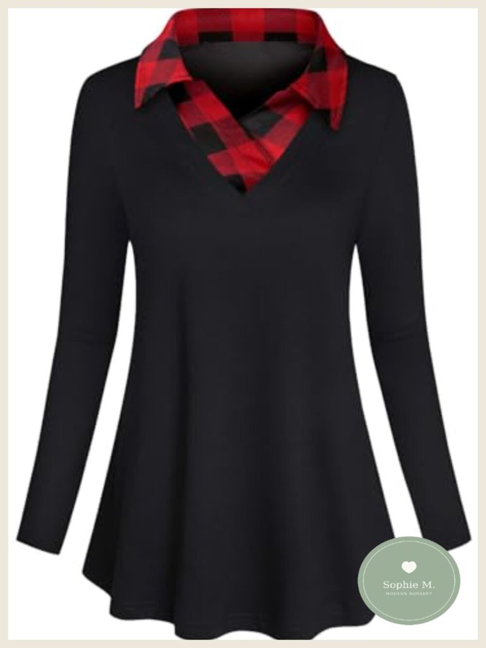 Women's SeSe Code Long Sleeve Contrast Collar Pleated A-line Office Tunic